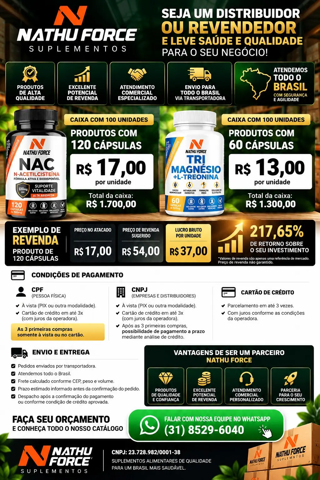 Banner da Nathu Force para distribuidores e revendedores: caixas com 100 unidades a R$ 17,00 a unidade (120 cápsulas) e R$ 13,00 (60 cápsulas), condições de pagamento e envio por transportadora para todo o Brasil