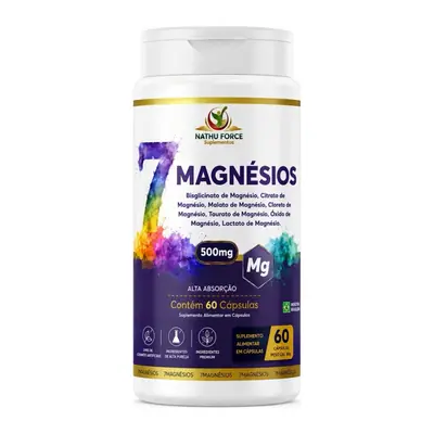 Pote colorido de 7 Magnésios 500 mg Nathu Force, 60 cápsulas
