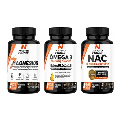 Os potes do Kit 7 Magnésios + NAC + Ômega 3