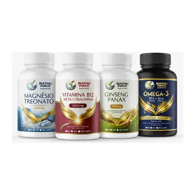 Os potes do Kit Ômega 3 + B12 + Magnésio Treonato + Ginseng