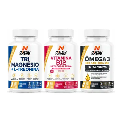 Os potes do Kit Tri Magnésio + B12 + Ômega 3