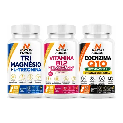 Os potes do Kit Tri Magnésio + B12 + Q10