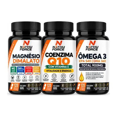 Os potes do Kit Magnésio Dimalato + Q10 + Ômega 3